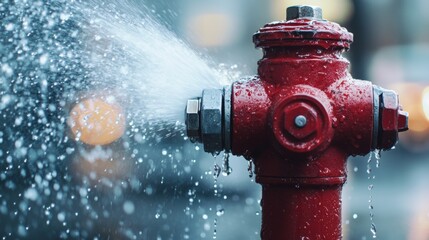Vibrant Red Fire Hydrant Spraying Water in Urban Setting with Blurred City Lights in Background, Capturing Dynamic Urban Environment and Emergency Preparedness