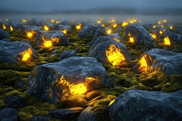 Glowing rocks embedded in mossy landscape at dusk