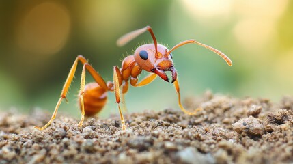 Close-up of a red ant on soil showcasing fine details of its anatomy and texture in a natural outdoor habitat during a sunny day