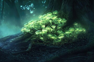 Obraz premium Glowing, bioluminescent mushrooms cluster at the base of an ancient tree in a dark, mystical forest.