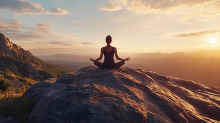 Serene meditation: Person practicing mindfulness at sunrise atop rocky peak
