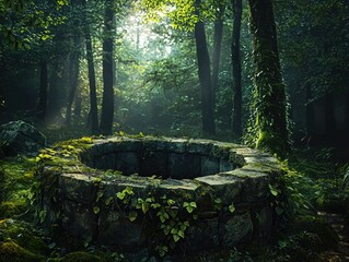 Ancient stone well hidden deep within a mystical, sun-dappled forest.
