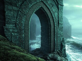 Ancient stone archway overlooks a stormy sea, Celtic knotwork adorns the weathered structure.
