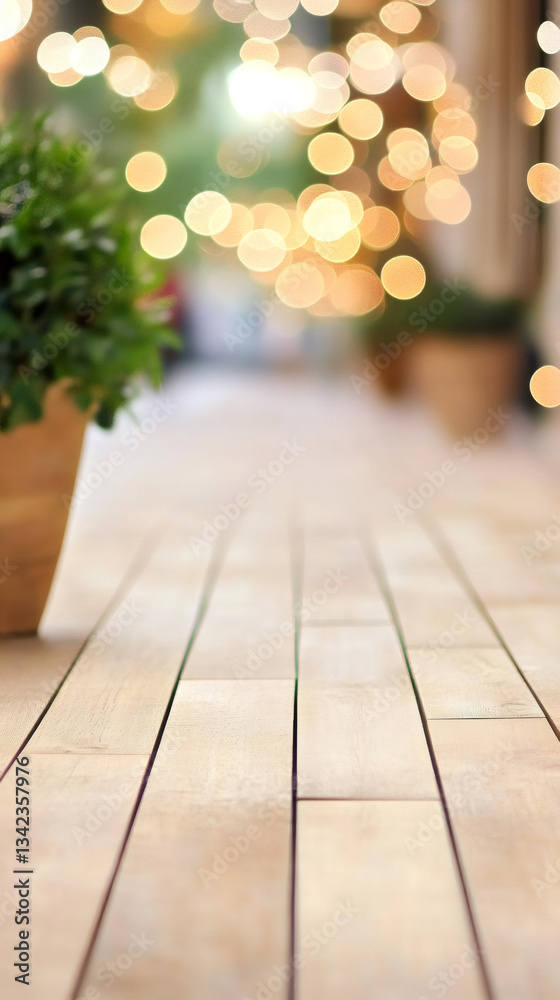 Aufkleber empty wooden planks resting in a soft, blurred bokeh background, evoking a cozy and warm atmosphere 