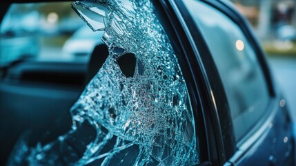Close-Up of Broken Car Window Glass with Shattered Fragments Reflecting Light in Urban Environment