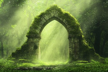 Fototapeta premium Moss-covered stone archway in an enchanted forest, bathed in sunlight, leads to mystery.