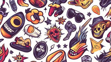 Fototapeta premium Cartoon skull and object pattern, seamless repeat, vibrant colors, fun background, ideal for textile design