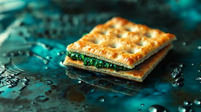 Close-up of a cracker sandwich with green filling on a dark blue background