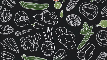 Chalkboard Vegetable Pattern  Various vegetables drawn on a dark background; ideal for food blogs, menus, or healthy eating content