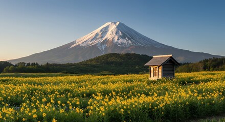 Fototapeta premium Majestic Mountain Yellow Flowers Wooden Hut Sunrise Landscape