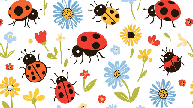 Cheerful ladybugs and flowers pattern for kids' textile