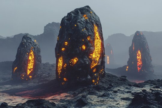 Glowing volcanic rock formations in a desolate landscape - Powered by Adobe