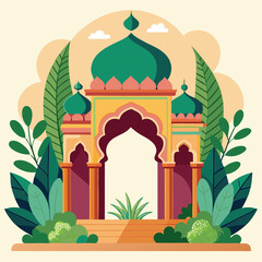 Intricate Mughal-Inspired Archway Adorned with Verdant Plants and Religious Symbols