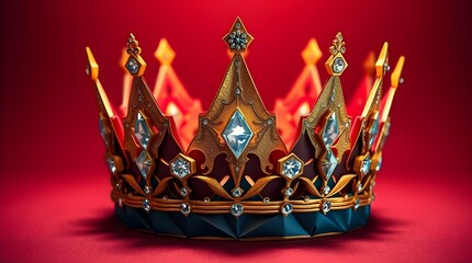 A golden crown adorned with sparkling gems shines brightly in sharp focus