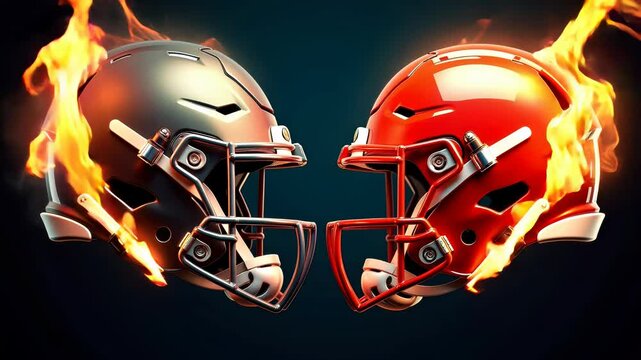 flaming rugby helmet in fire on dark background