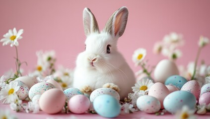 White rabbit surrounded by pastel Easter eggs and daisies against a pink background