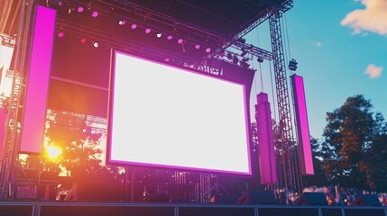 Outdoor festival poster mockup featuring vibrant blank frame displayed at an event stage