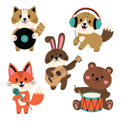Naklejka premium 2d vector illustration icon cool entertainment cartoon character music tools (Drum , Music Note , Headphones ,Microphone , Piano , Guitar ,Record) 
