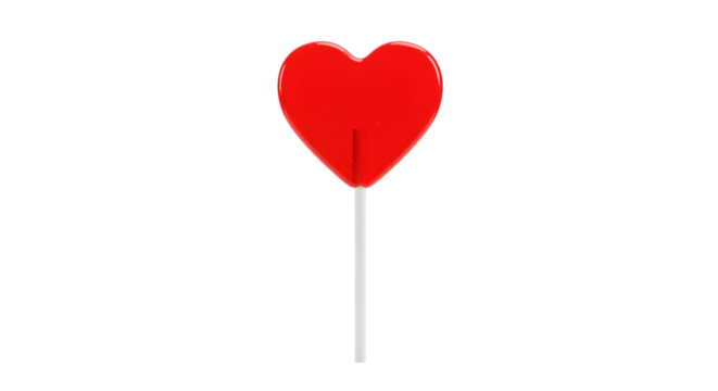 Glossy red heart-shaped lollipop on a stick with a playful design against a transparent background. Romantic treat concept