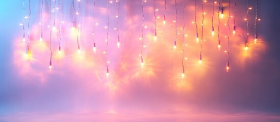 Fototapeta premium Fairy lights hang in pastel sky backdrop