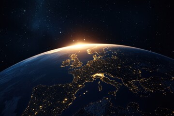 Naklejka premium Earth at Night: A mesmerizing view of the planet with city lights illuminating Europe