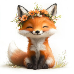 Obraz premium Smiling baby fox adorned with a beautiful flower crown, radiating charm and joy against a soft pastel background, captured in stunning digital art