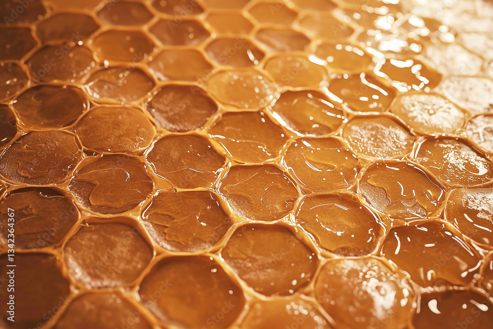 Wall mural golden honeycomb texture with hexagonal patterns and glossy honey droplets for natural designs