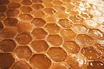 Golden honeycomb texture with hexagonal patterns and glossy honey droplets for natural designs