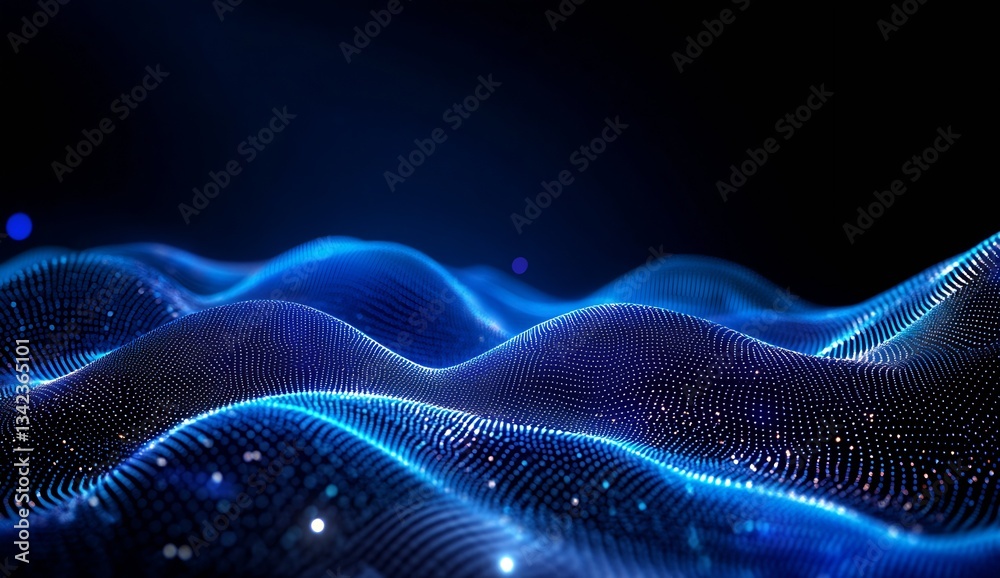 Poster Mesmerizing waves of blue particles illuminated by dark ambient light creating a stunning visual display : Generative AI