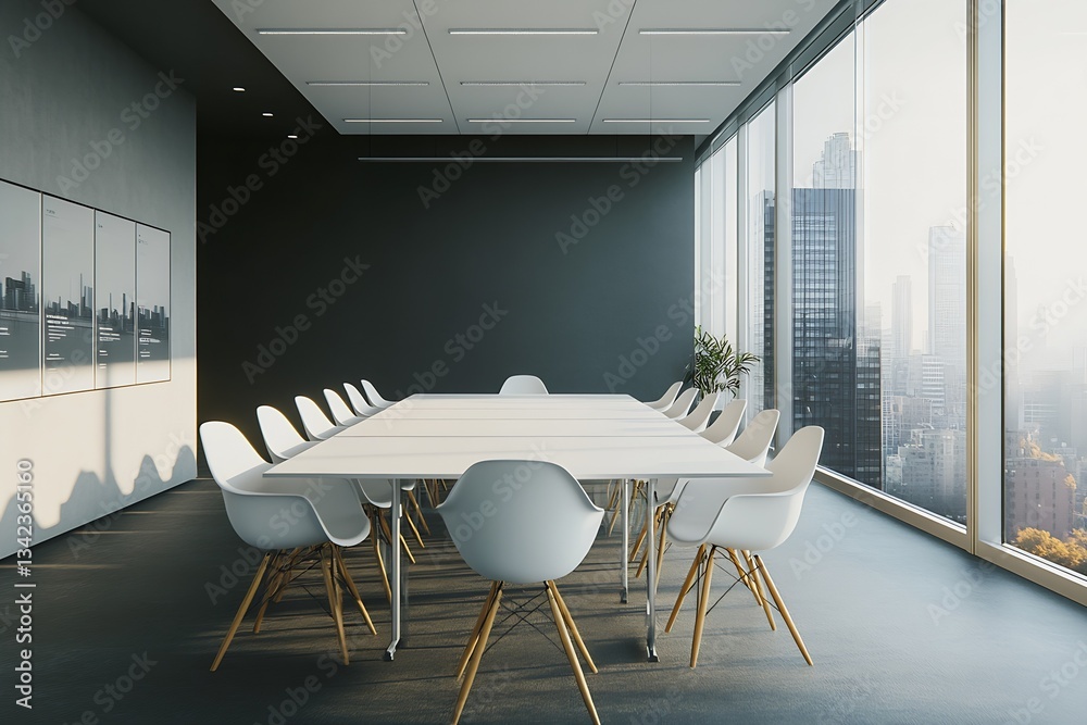 Poster Elegant Boardroom Setting Featuring a Long Table Surrounded by Chairs with a City View : Generative AI