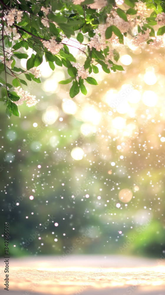 Aufkleber Sunlight filtering through leaves of acacia tree, creating beautiful bokeh effect with falling petals and wooden surface