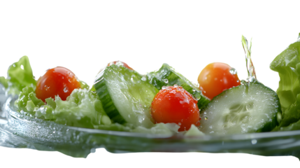 Fresh Salad with Cherry Tomatoes and Cucumber Slices in a Glass Bowl Water Droplets Enhancing