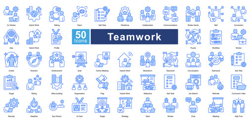 Teamwork icon set in blue color style, featuring 50 icons of collaboration, communication, and workplace synergy. Perfect for project management, remote teams, and business strategy.