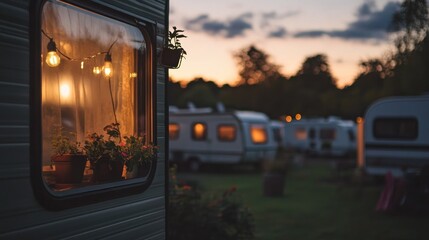 Cozy camper window displaying lights, plants and peaceful atmosphere, outside at dusk