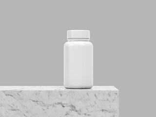 White Plastic Pill Bottle with Blank Label on Marble Surface