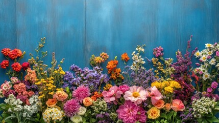 Obraz premium Colorful wildflowers bloom on blue wood background