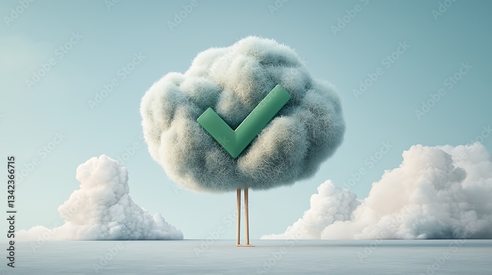 Poster fluffy cloud with a checkmark, symbolizing successful online verification