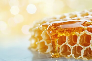 Golden honey dripping from a honeycomb, a sweet and natural treat.