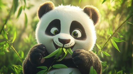 Obraz premium Cartoon panda eating bamboo in a lush forest. Possible use children's book illustration