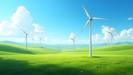 Fototapeta premium Sustainable Energy Landscape. Wind turbines stand tall in a lush green field under a clear blue sky with scattered clouds. Symbolizing renewable energy, clean power generation, and a commitment to a s