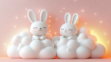 Adorable Rabbit Figurines on Clouds Soft Pink Background
