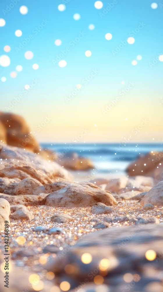 Poster Blurred lights and bokeh effect creating a magical atmosphere on a beautiful seashore during sunset