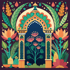 Mughal Archway with Intricate Plants, Peacocks, and Patte Patterns