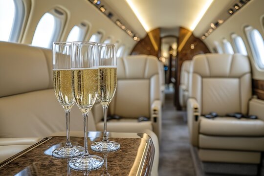 Elegant interior of a private jet with luxurious champagne glasses ready for celebration : Generative AI