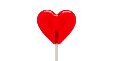 Vibrant red heart-shaped lollipop on a stick with a glossy finish against a transparent background. Sweet confectionery concept