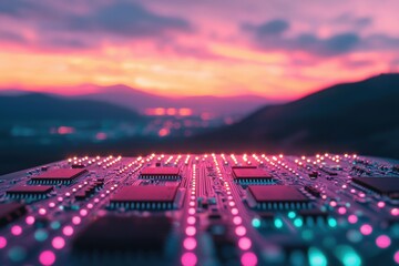 Circuit board with glowing components against a vibrant sunset landscape.