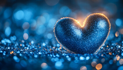Obraz premium Blue heart on sparkly surface. A shiny blue heart rests on a bed of sparkling glitter, illuminated by soft light, creating a magical atmosphere.