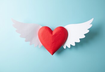 A red heart with white wings on a light blue background