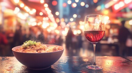 Steaming Noodles And Red Wine At Night Market Food Stalls In A City Center Plaza Area During The Evening Hours For Dinner Or Lunch Or A Date Night Or Casual Night Out With Friends At A Public Place