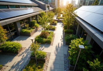 Aerial view of a modern urban garden with solar panels and lush greenery
